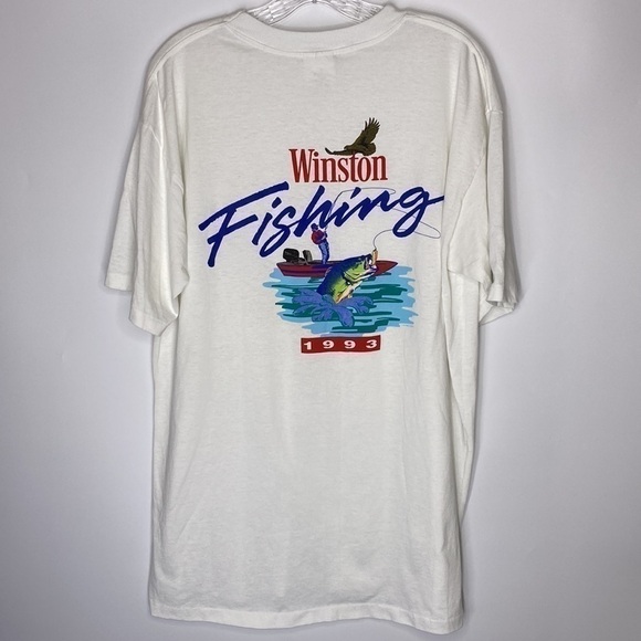 winston cigarettes t shirt Vintage Winston Cigarettes Fishing 1993 White Pocket Single Stitch Tshirt  XL